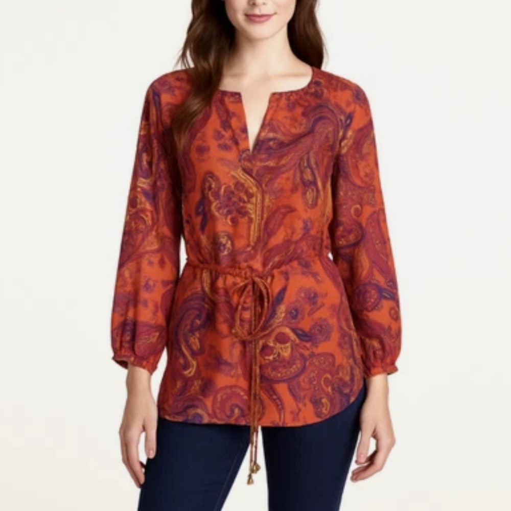 Ralph Lauren 100% Silk Paisley Blouse w/ Metal Shell Tie String, P2P 23 in. NWOT